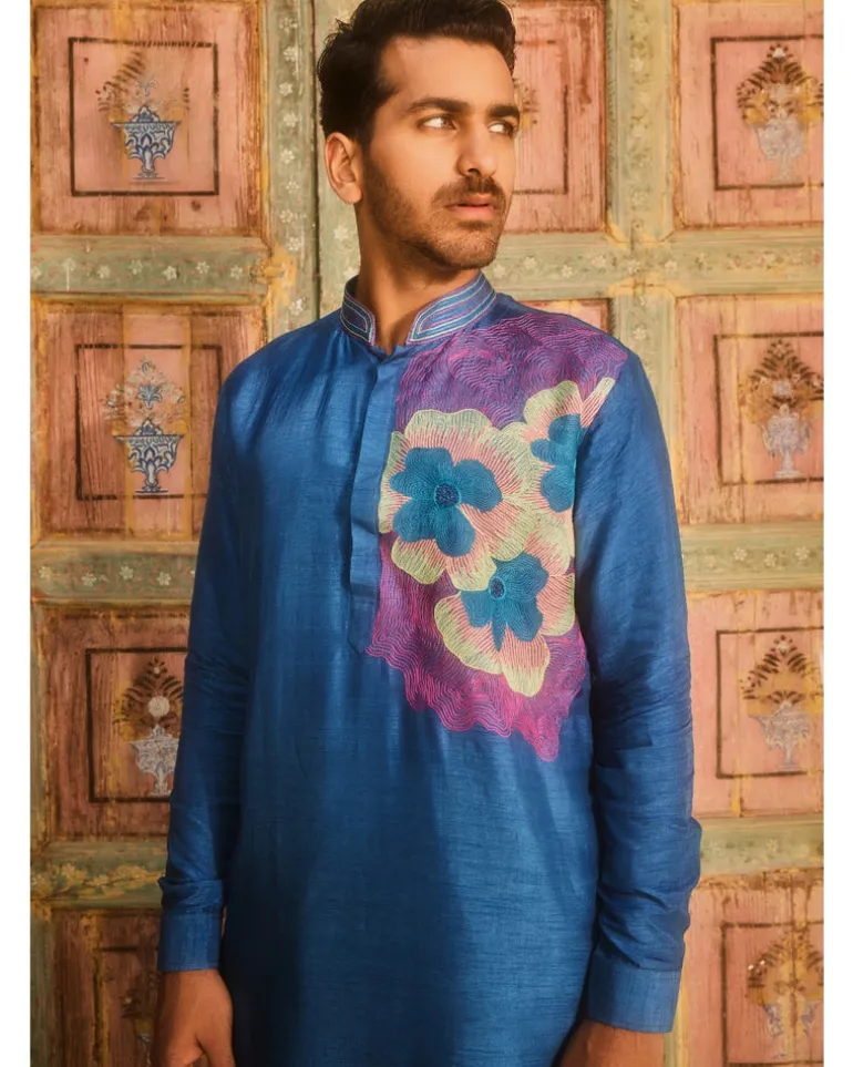 Indigo One Side Embroidered Kurta Set