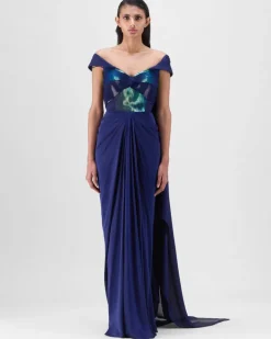 Ink Blue Metallic Micro Pleated Structured Gown