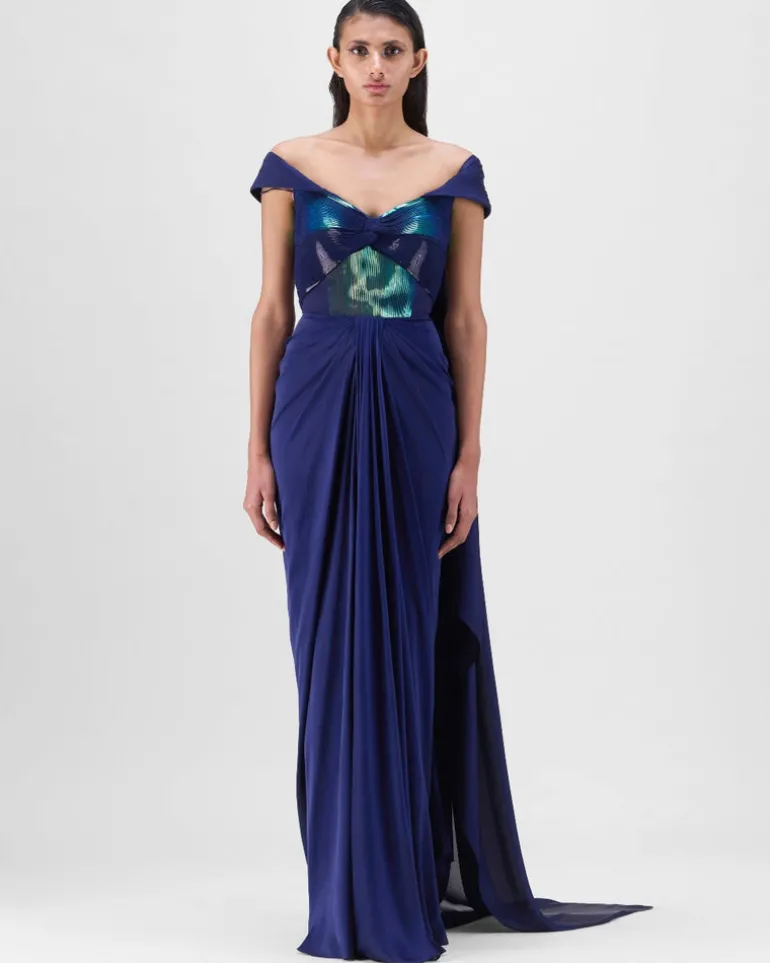 Ink Blue Metallic Micro Pleated Structured Gown