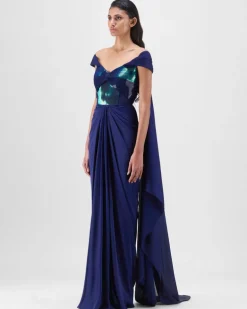Ink Blue Metallic Micro Pleated Structured Gown