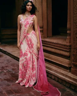 Ivory Abstract Floral Pre-Stitched Sari Set