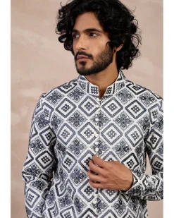 Ivory & Charcoal Dice Front Open Edge Cut Kurta Set