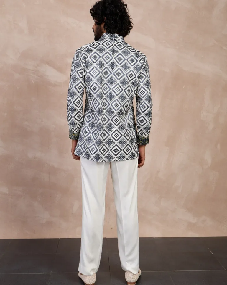 Ivory & Charcoal Dice Front Open Edge Cut Kurta Set
