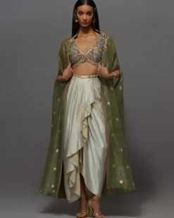 Ivory & Green Drape Skirt Set