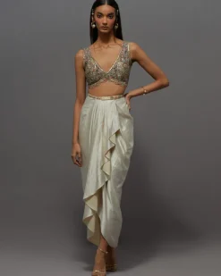 Ivory & Green Drape Skirt Set
