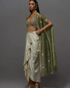 Ivory & Green Drape Skirt Set