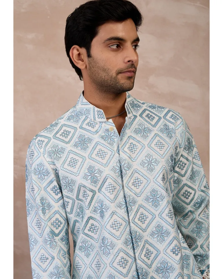 Ivory & Powder Blue Dice Front Open Edge Cut Kurta Set