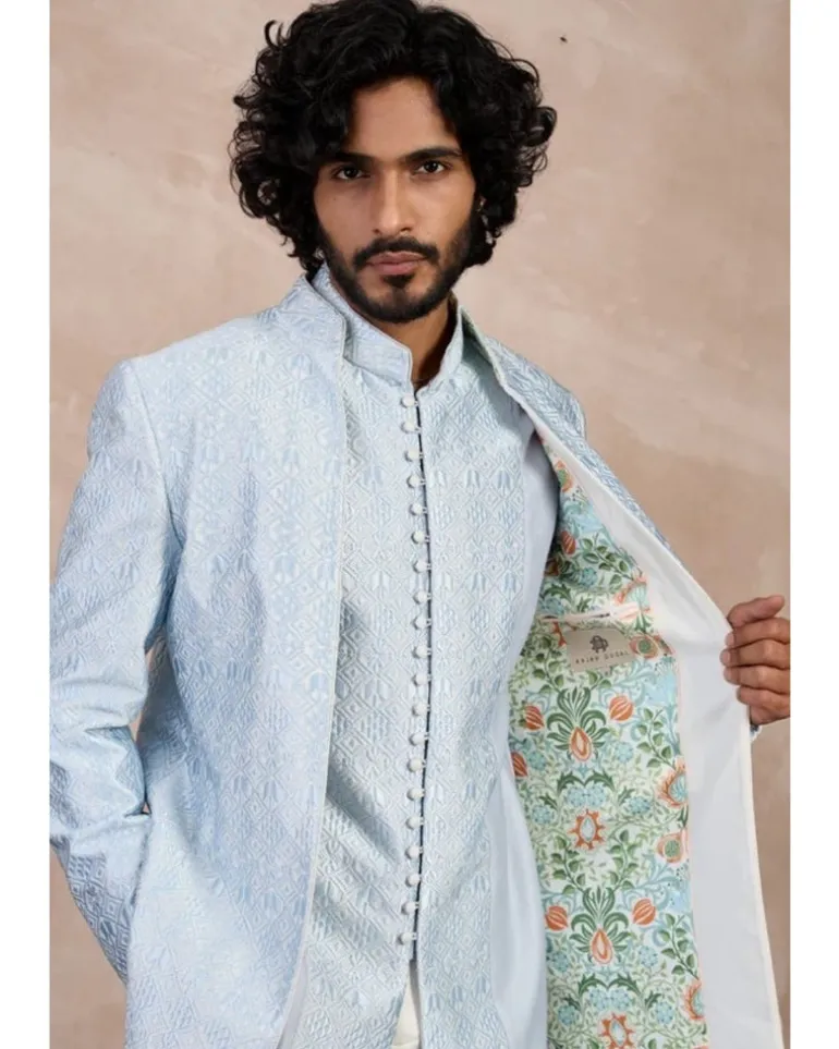 Ivory & Powder Blue Maze Open Bandhgala Set