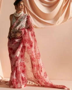 Ivory & Red Embroidered Blossom Sari