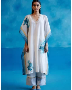 Ivory And Blue Silk Chanderi Hand-Painted Embroidered Kaftan Set