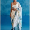 Ivory And Blue Silk Organza Hand-Painted Embroidered Sari