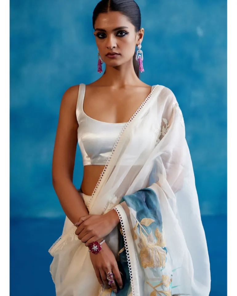 Ivory And Blue Silk Organza Hand-Painted Embroidered Sari