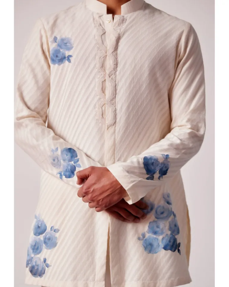 Ivory And Blue Stripe Silk Chanderi Hand-Painted Kurta Set