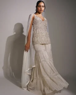 Ivory And Gold Embroidered Sharara Set