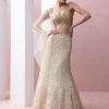 Ivory and Gold Fishtail Organza Applique, Crystals Lehenga Set