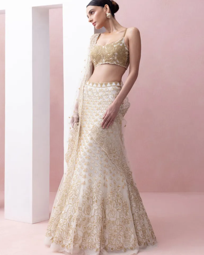 Ivory and Gold Fishtail Organza Applique, Crystals Lehenga Set