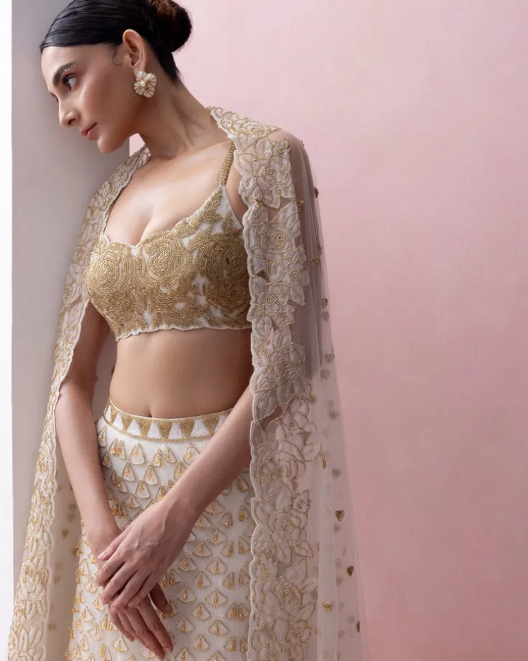 Ivory and Gold Fishtail Organza Applique, Crystals Lehenga Set