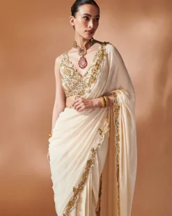 Ivory And Gold Sari Set