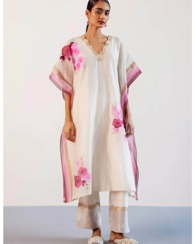 Ivory And Pink Silk Chanderi Hand-Painted Embroidered Kaftan Set