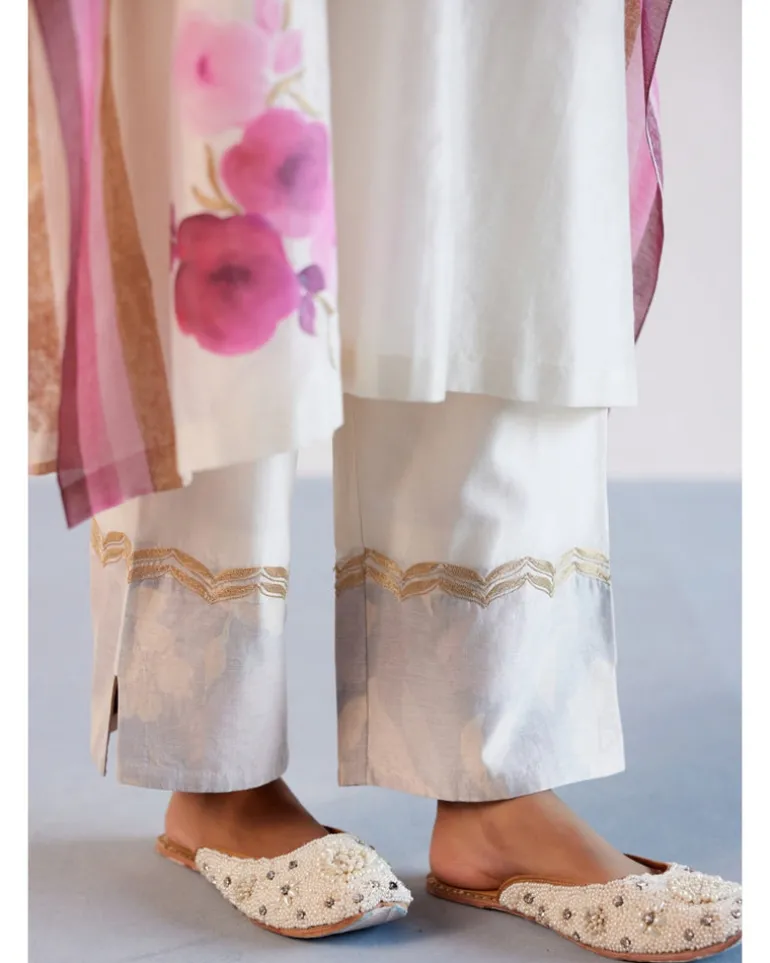 Ivory And Pink Silk Chanderi Hand-Painted Embroidered Kaftan Set