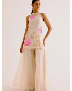 Ivory And Pink Silk Organza Hand-Painted Embroidered Sharara Set