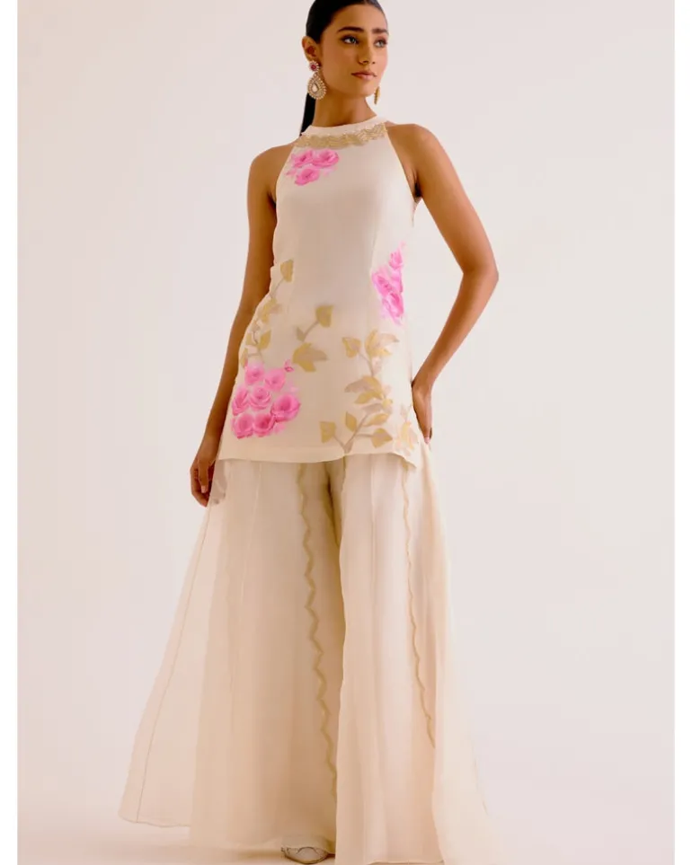 Ivory And Pink Silk Organza Hand-Painted Embroidered Sharara Set