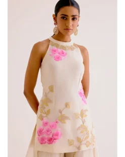 Ivory And Pink Silk Organza Hand-Painted Embroidered Sharara Set