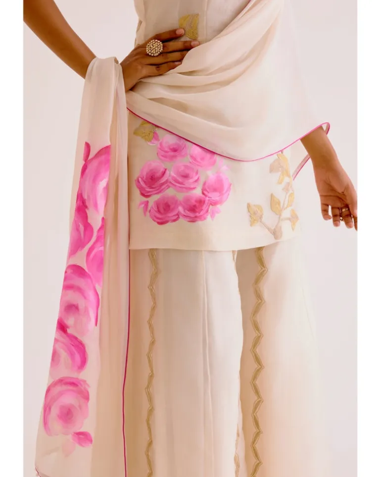 Ivory And Pink Silk Organza Hand-Painted Embroidered Sharara Set