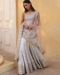 Ivory And Rose Pink Mirror Gharara Set