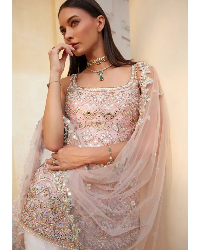 Ivory And Rose Pink Mirror Gharara Set