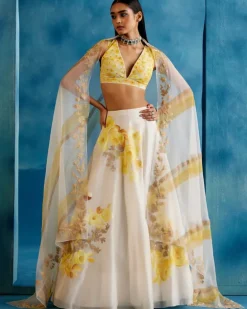 Ivory And Yellow Silk Chanderi Hand-Painted Embroidered Lehenga Set