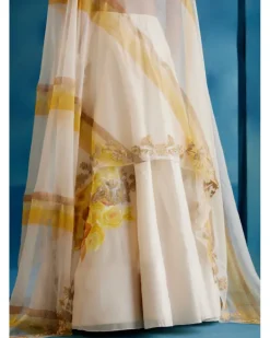 Ivory And Yellow Silk Chanderi Hand-Painted Embroidered Lehenga Set