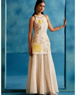 Ivory And Yellow Silk Organza Hand-Painted Embroidered Sharara Set