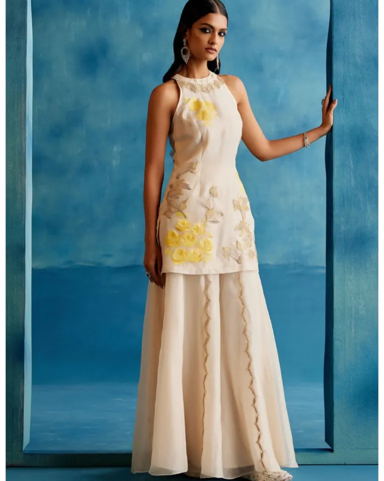 Ivory And Yellow Silk Organza Hand-Painted Embroidered Sharara Set