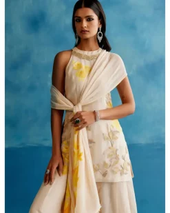 Ivory And Yellow Silk Organza Hand-Painted Embroidered Sharara Set
