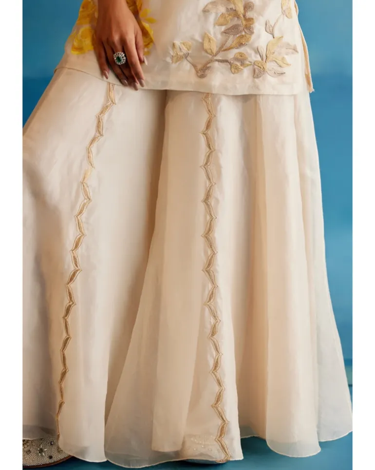 Ivory And Yellow Silk Organza Hand-Painted Embroidered Sharara Set