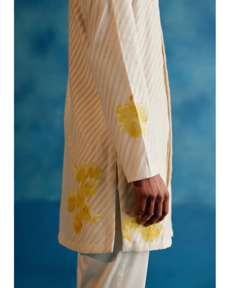 Ivory And Yellow Stripe Silk Chanderi Hand-Painted Kurta Set