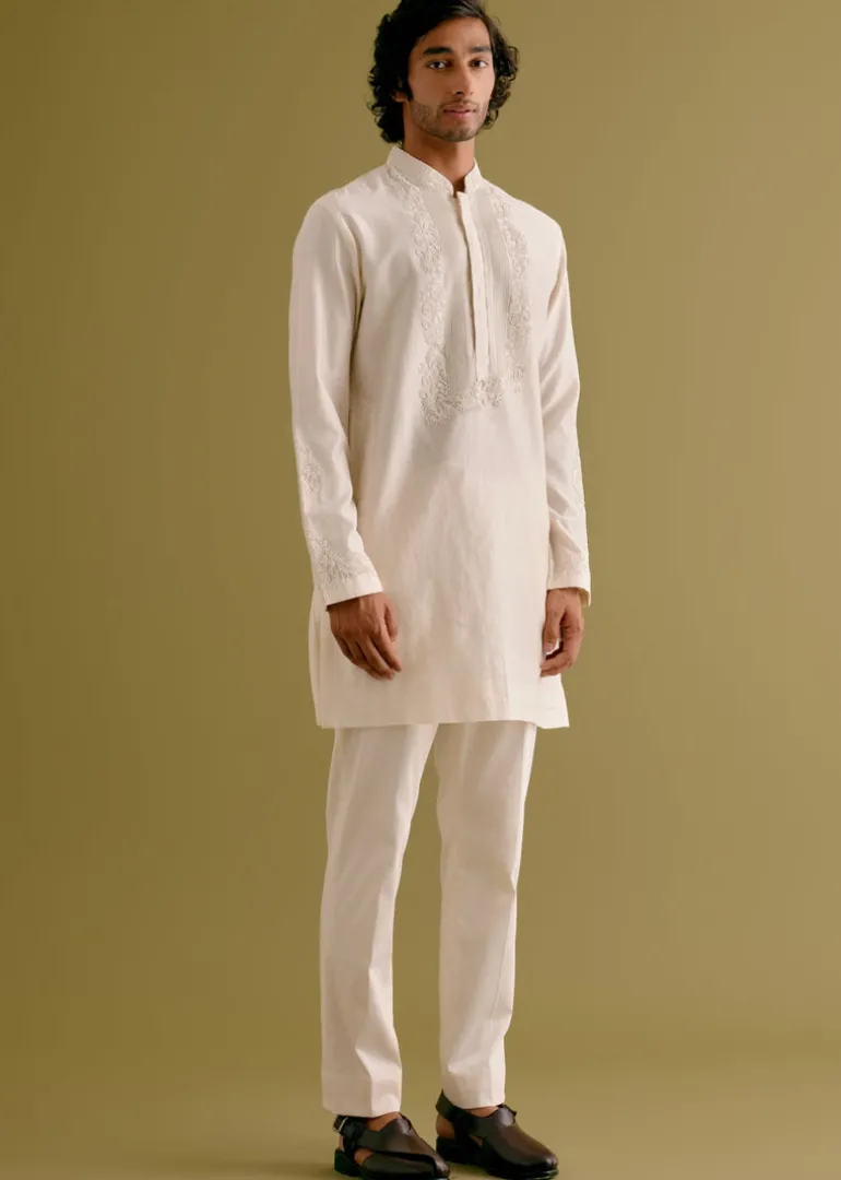Ivory Block Printed Dori Embroidered Kurta Set