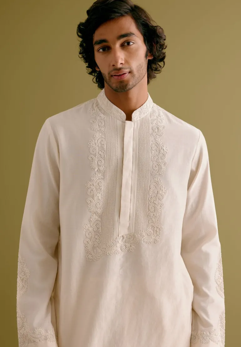 Ivory Block Printed Dori Embroidered Kurta Set