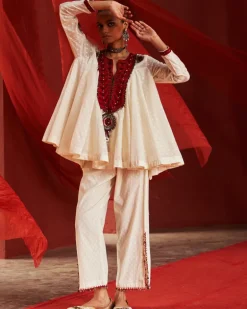 Ivory Chanderi Peplum & Slit Pant Set