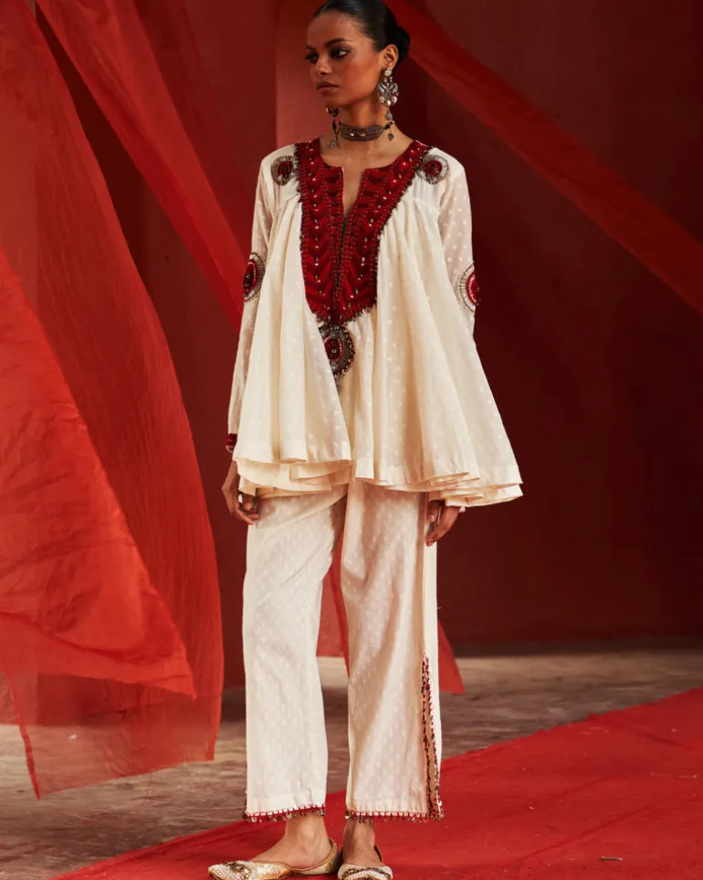 Ivory Chanderi Peplum & Slit Pant Set