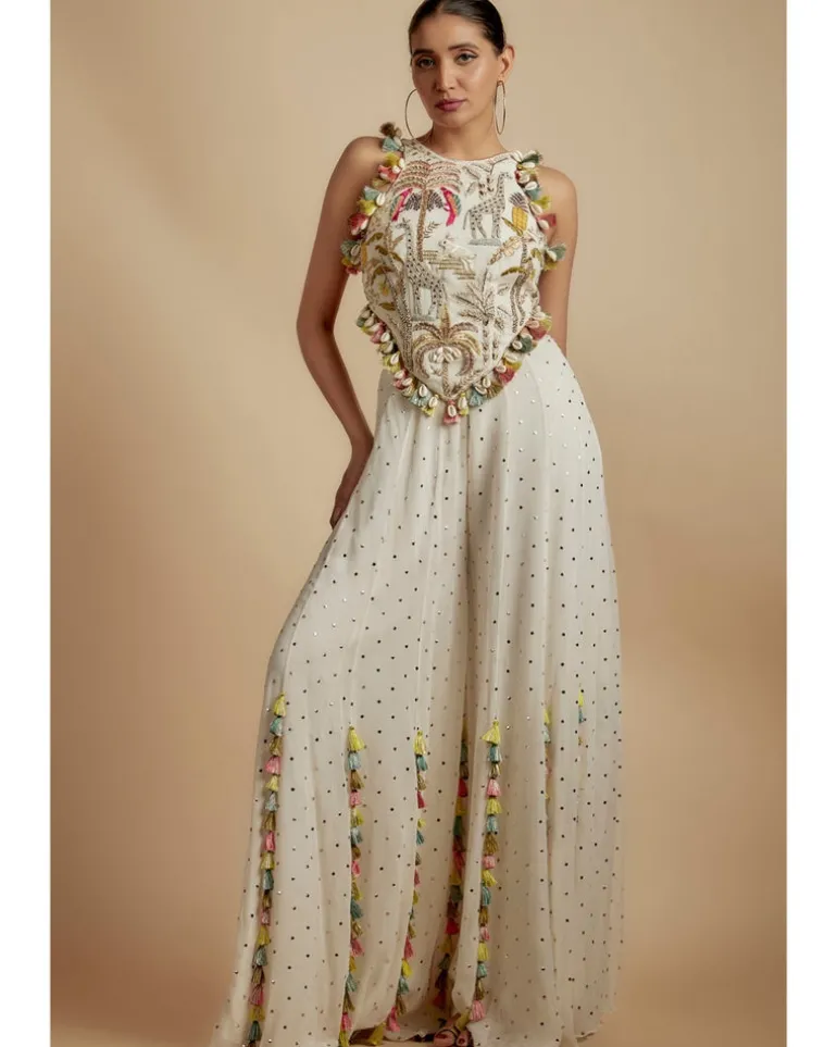 Ivory Embroidered Back Tie-Up Choli With Sharara Set