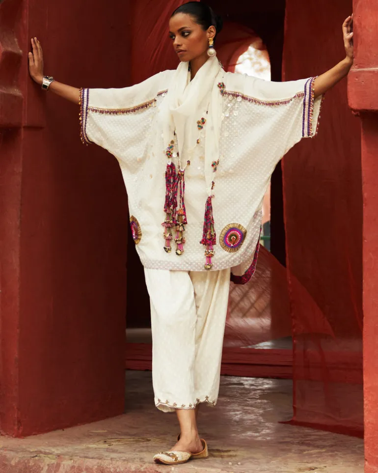 Ivory Embroidered Kurta With Cropped Salwar Set