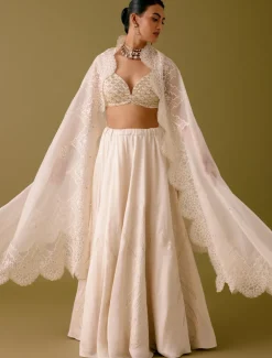 Ivory Embroidered Silk Satin Lehenga