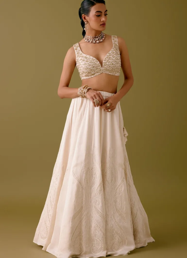 Ivory Embroidered Silk Satin Lehenga