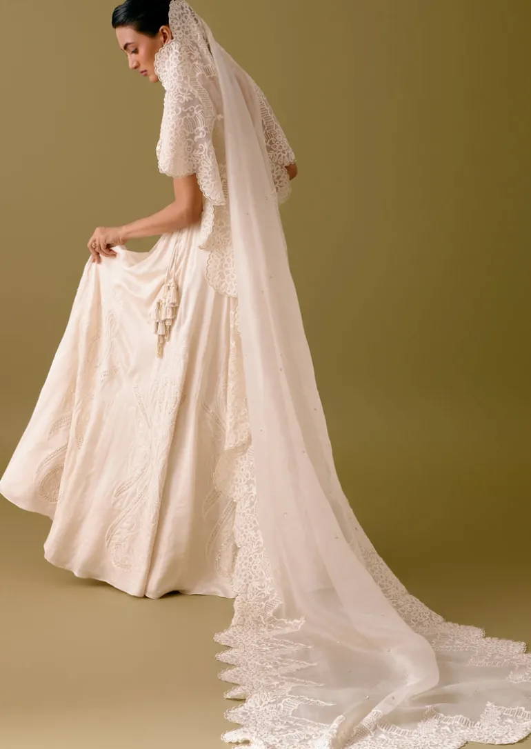 Ivory Embroidered Silk Satin Lehenga