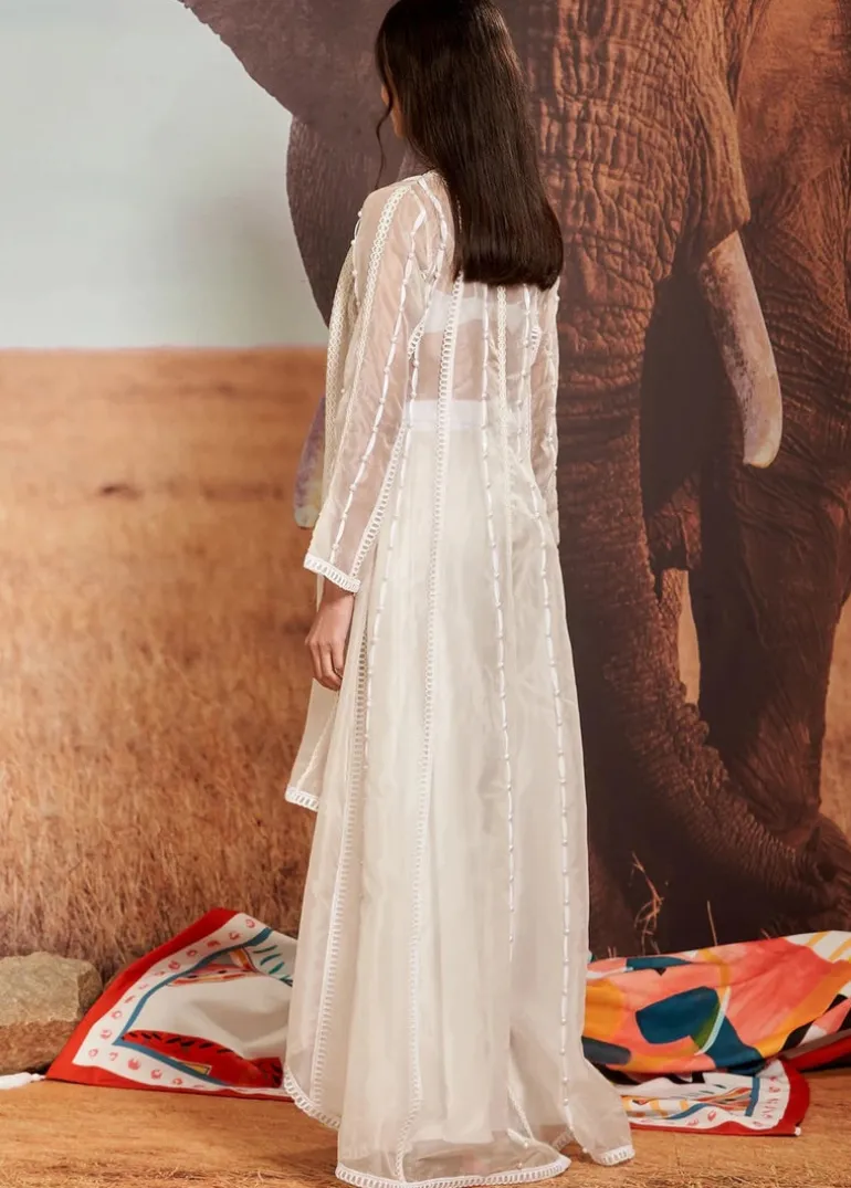 Ivory Flared Sharara with Shellace Beaded Bustier & Cape Set