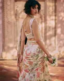 Ivory Floral Chintz Pre-Draped Sari Set