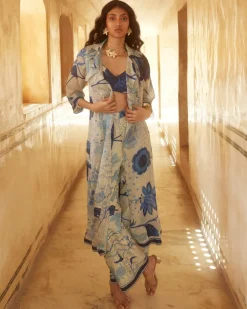 Ivory Floral Pleated Blouse And Jacket Set