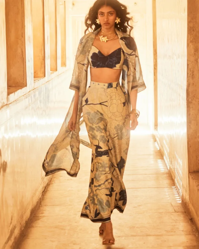 Ivory Floral Pleated Blouse And Jacket Set